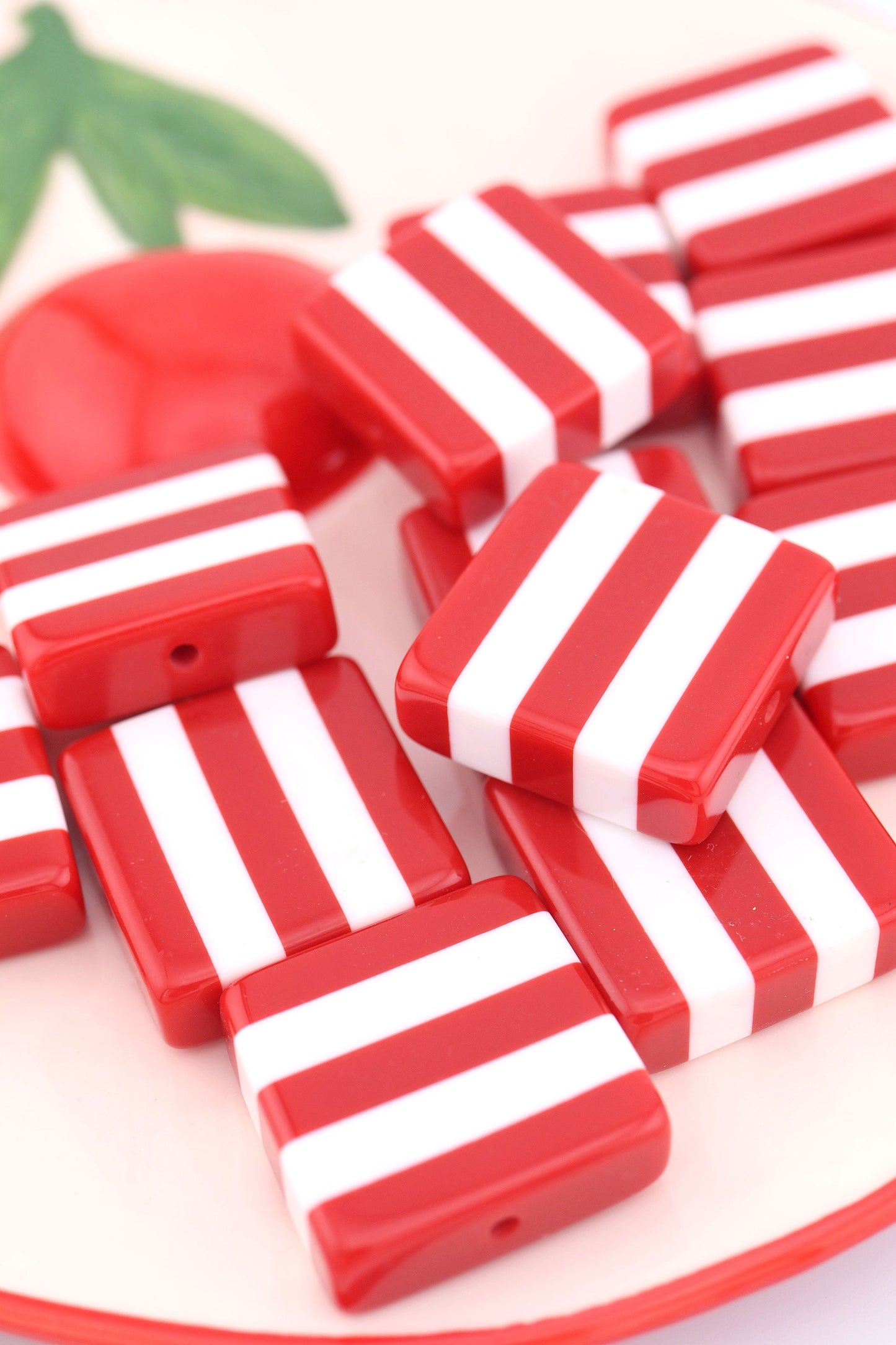 Beach Towel Stripe Red & White Italian Poly Resin Square Bead, 25mm, 1 Bead