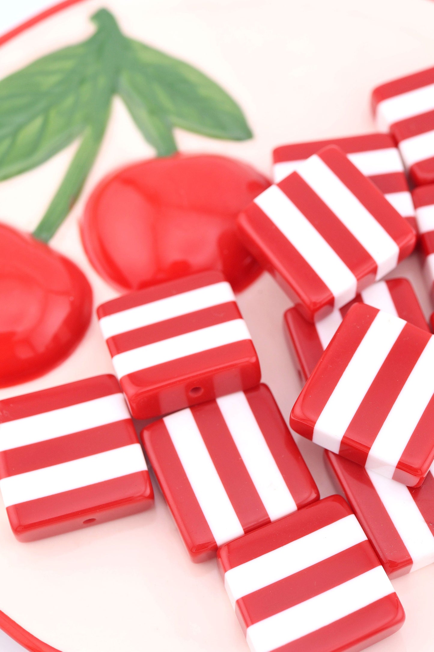 Beach Towel Stripe Red & White Italian Poly Resin Square Bead, 25mm, 1 Bead