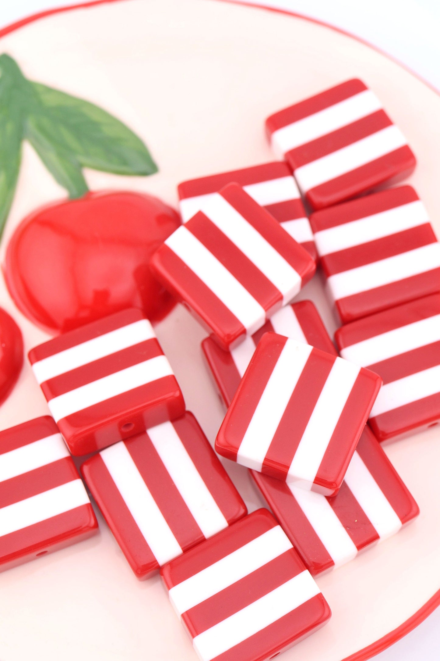 Beach Towel Stripe Red & White Italian Poly Resin Square Bead, 25mm, 1 Bead