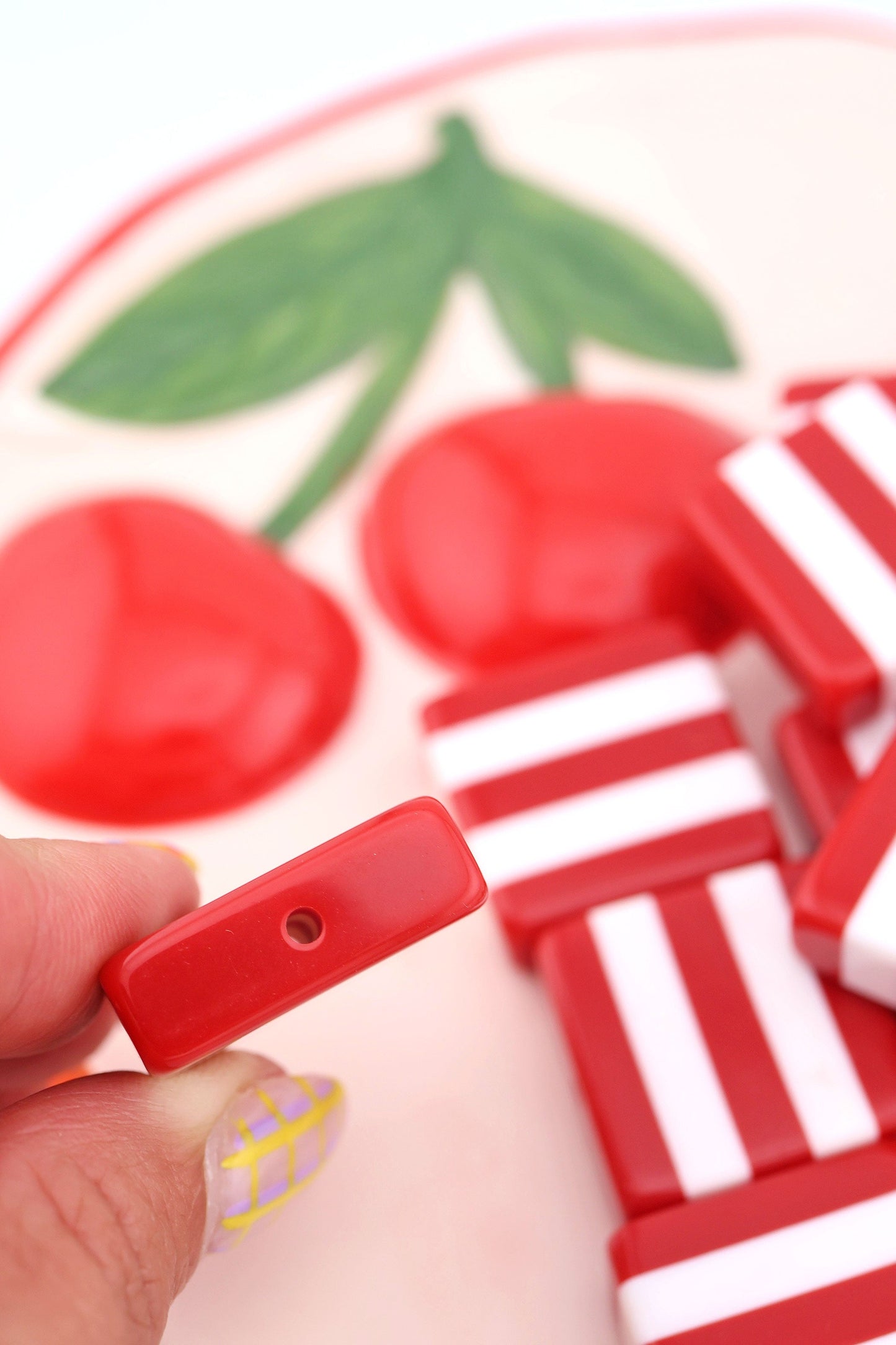 Beach Towel Stripe Red & White Italian Poly Resin Square Bead, 25mm, 1 Bead