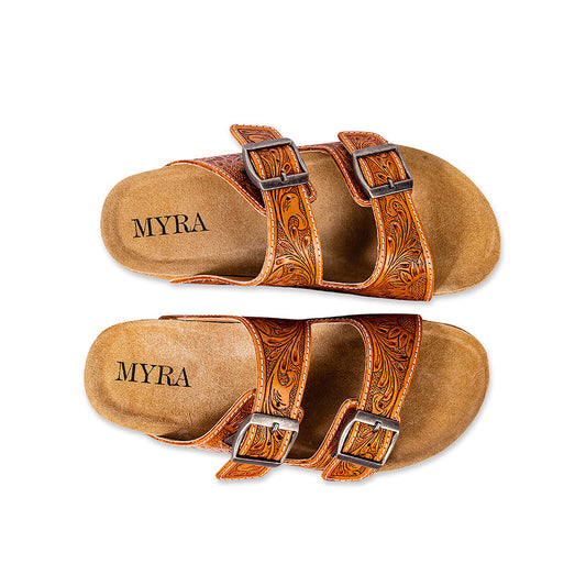 Myra Molly Megan Handtooled Leather Sandals - Easy Slip-on Dual Buckle Leather Flats for Women