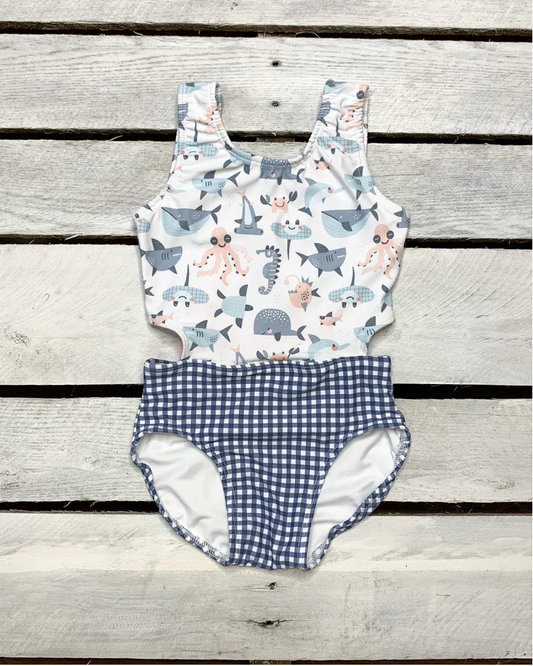 Sea Life Gingham Cutout Swimsuit With Bow