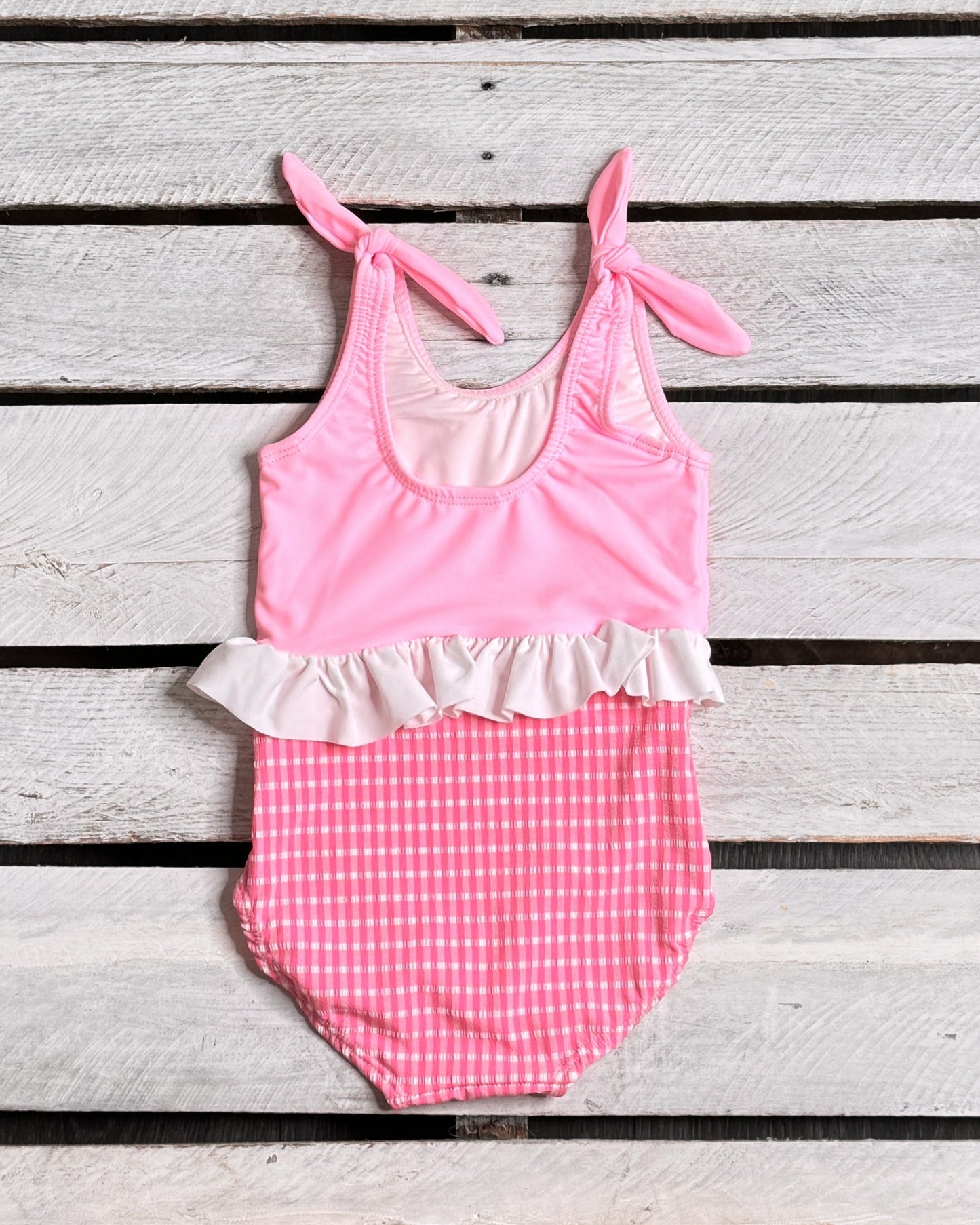 Textured Gingham Girls Skirted Swimsuit with Ties