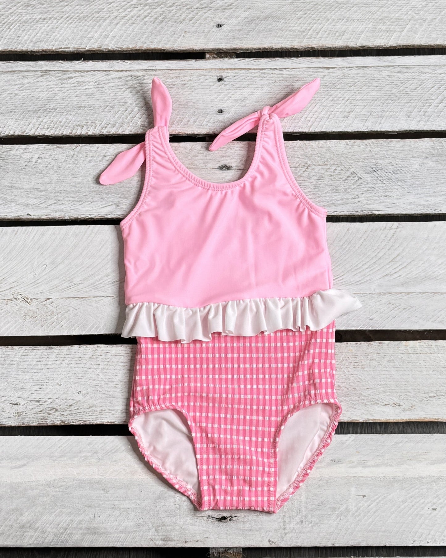 Textured Gingham Girls Skirted Swimsuit with Ties