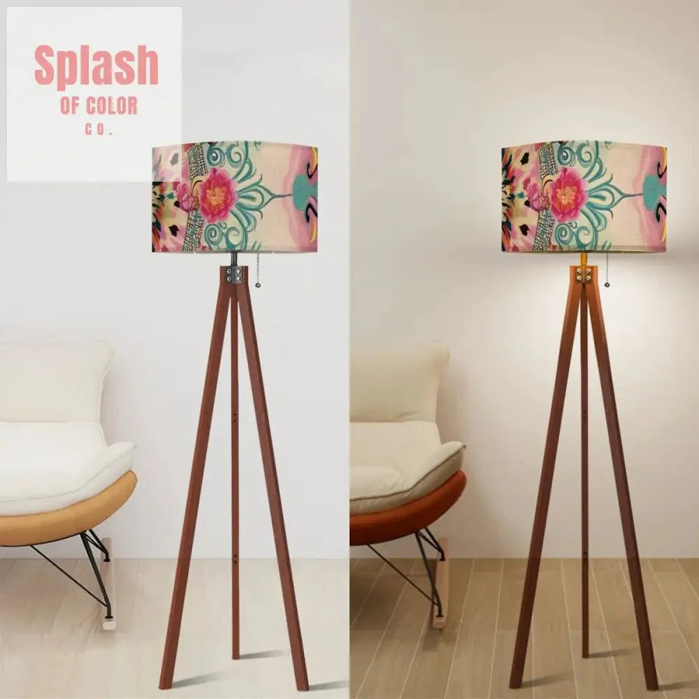 Bohemian Watercolor Pink Teal Floral Modern Tripod Floor Lamp
