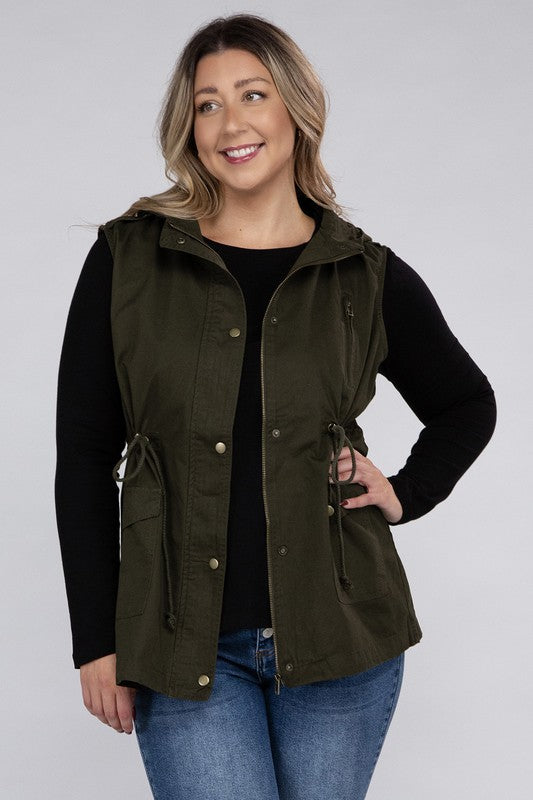 Drawstring Waist Military Hoodie Vest (Plus Sizes)
