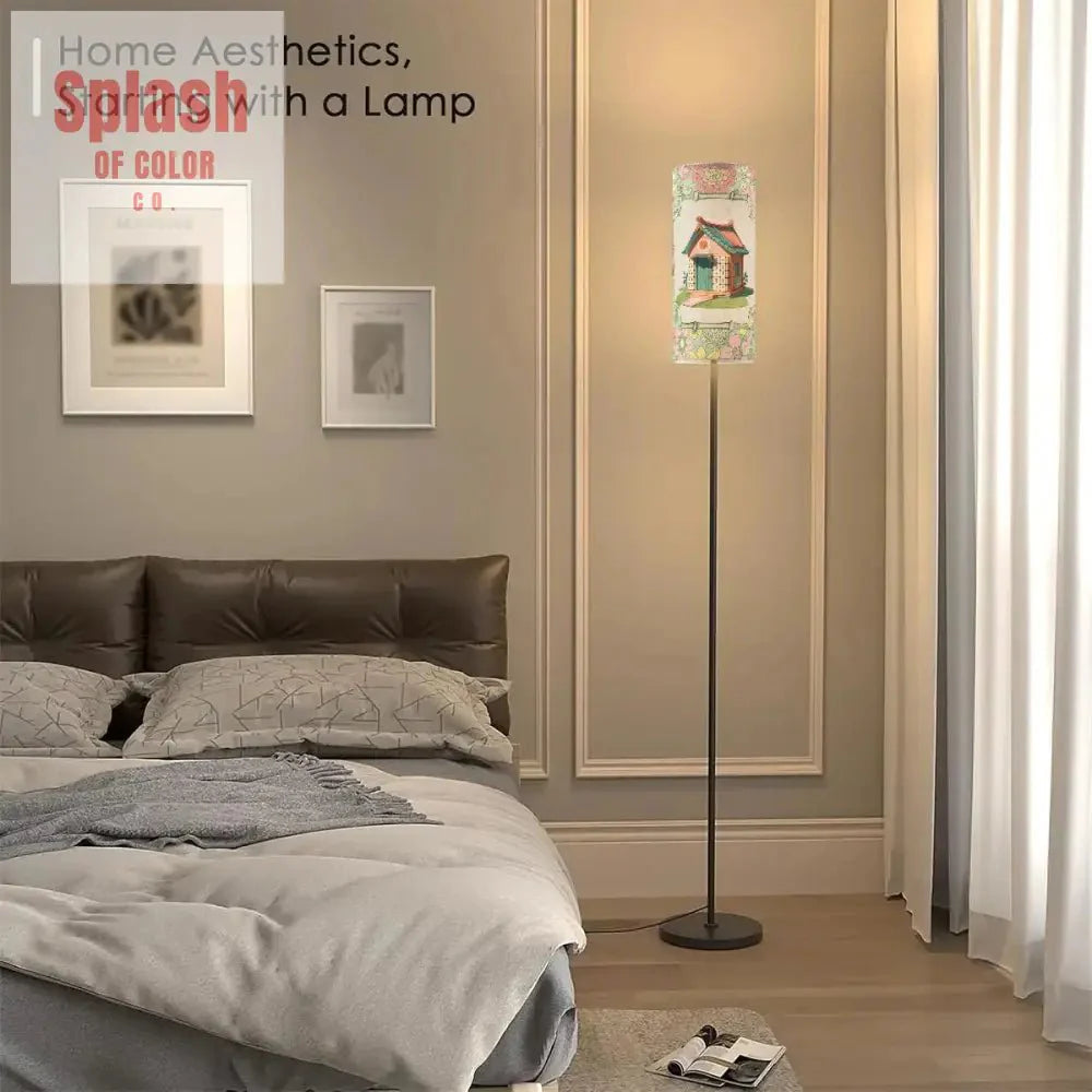 Floral Heritage Mahjong House, Whimsical Green, Pink Book Book Preppy Floor Lamp