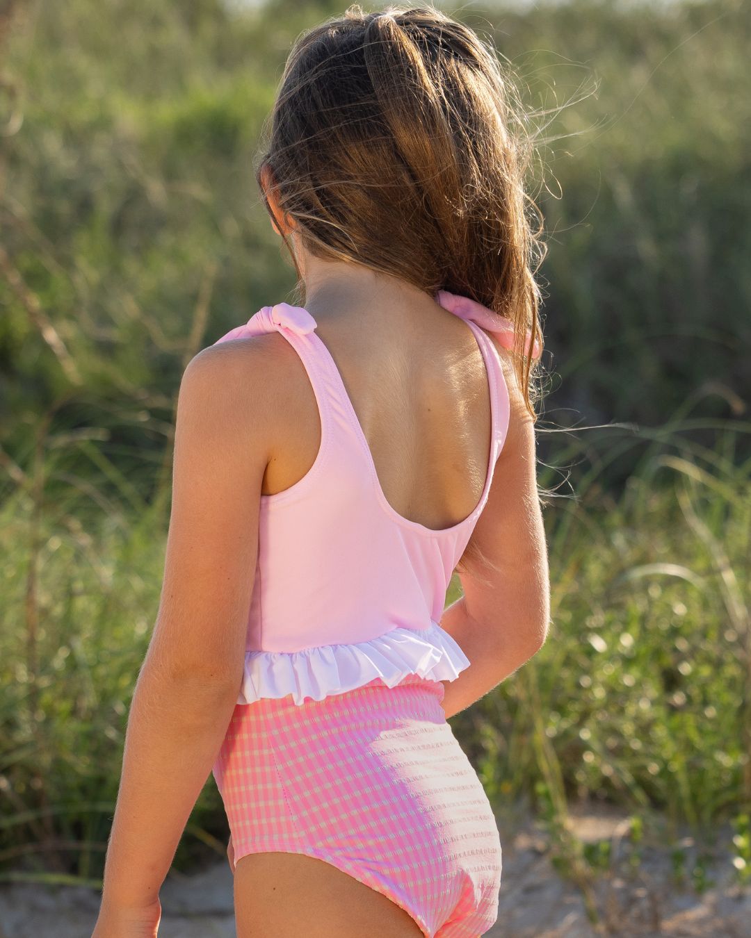 Textured Gingham Girls Skirted Swimsuit with Ties