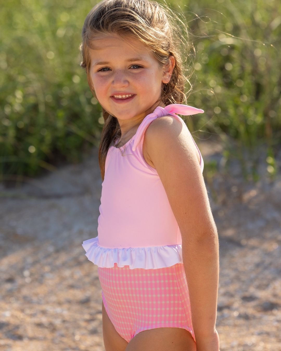 Textured Gingham Girls Skirted Swimsuit with Ties