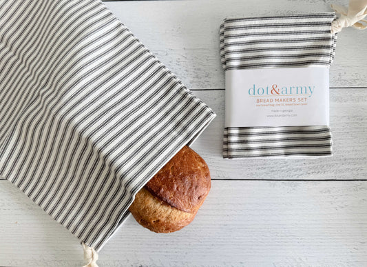 Grey Ticking Stripe Bread Bags, set of two