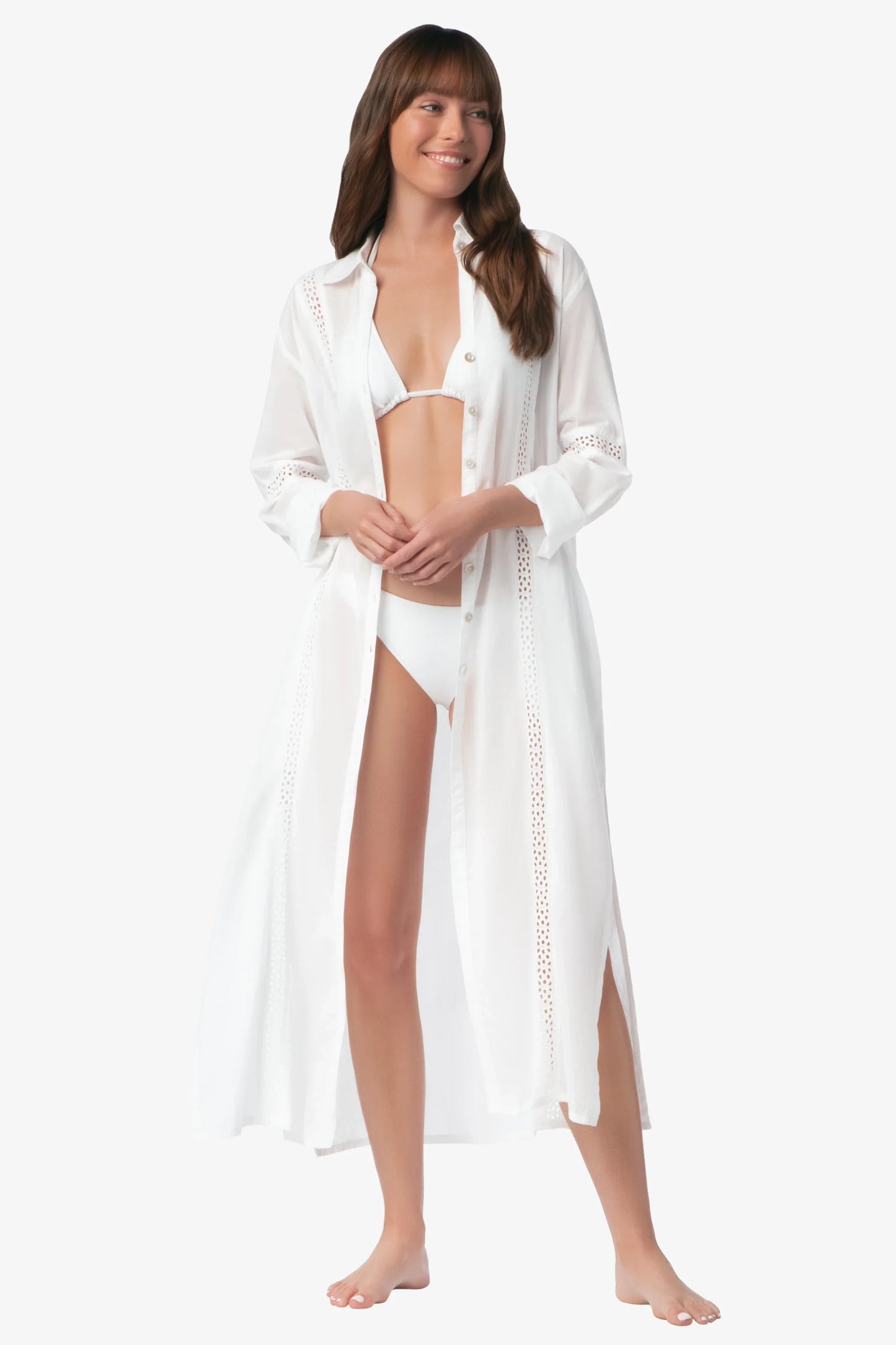 Eyelet Trim Long Shirt Dress | White