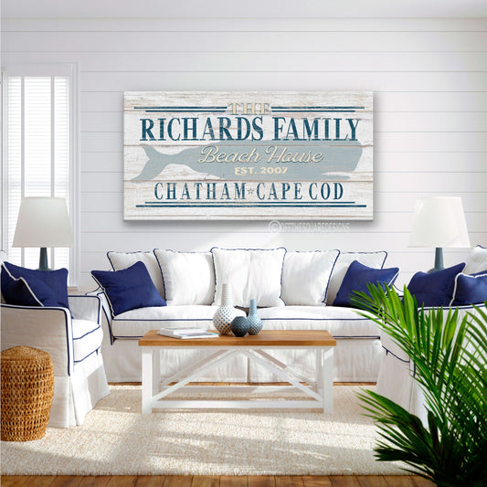 Beach House Family Name Whale Sign | Personalized Beach House Canvas Wall Decor