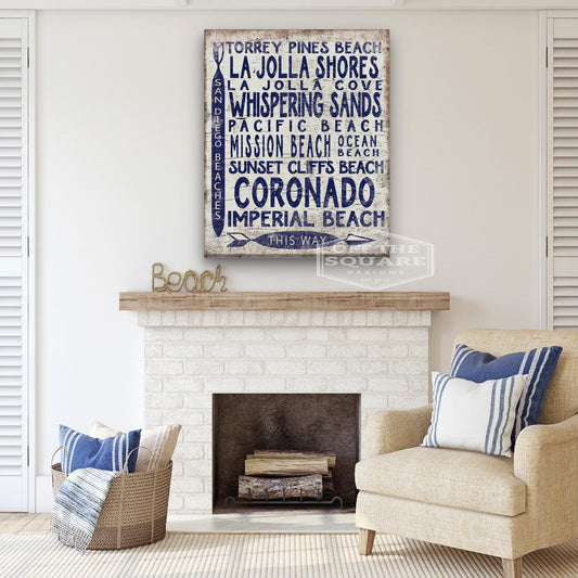 San Diego Beaches Sign - Vintage Wood Look Arrow