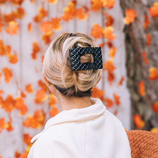 Jet Black Quilted Large Flat Rectangle Hair Clip