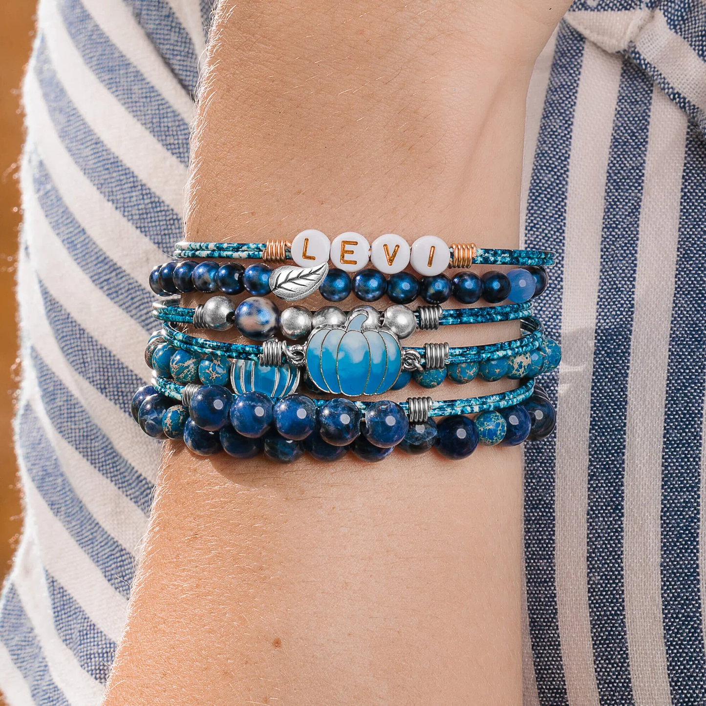 Levi Letter Bead on Splatter Denim Bangle Bracelet