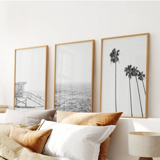 Black White Coastal Wall Art Set: Palms, Ocean, Lifeguard