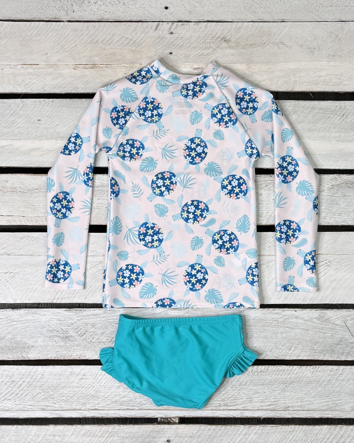 Turtley Cute Girls Long Sleeve Sun Shirt and Ruffled Bottom