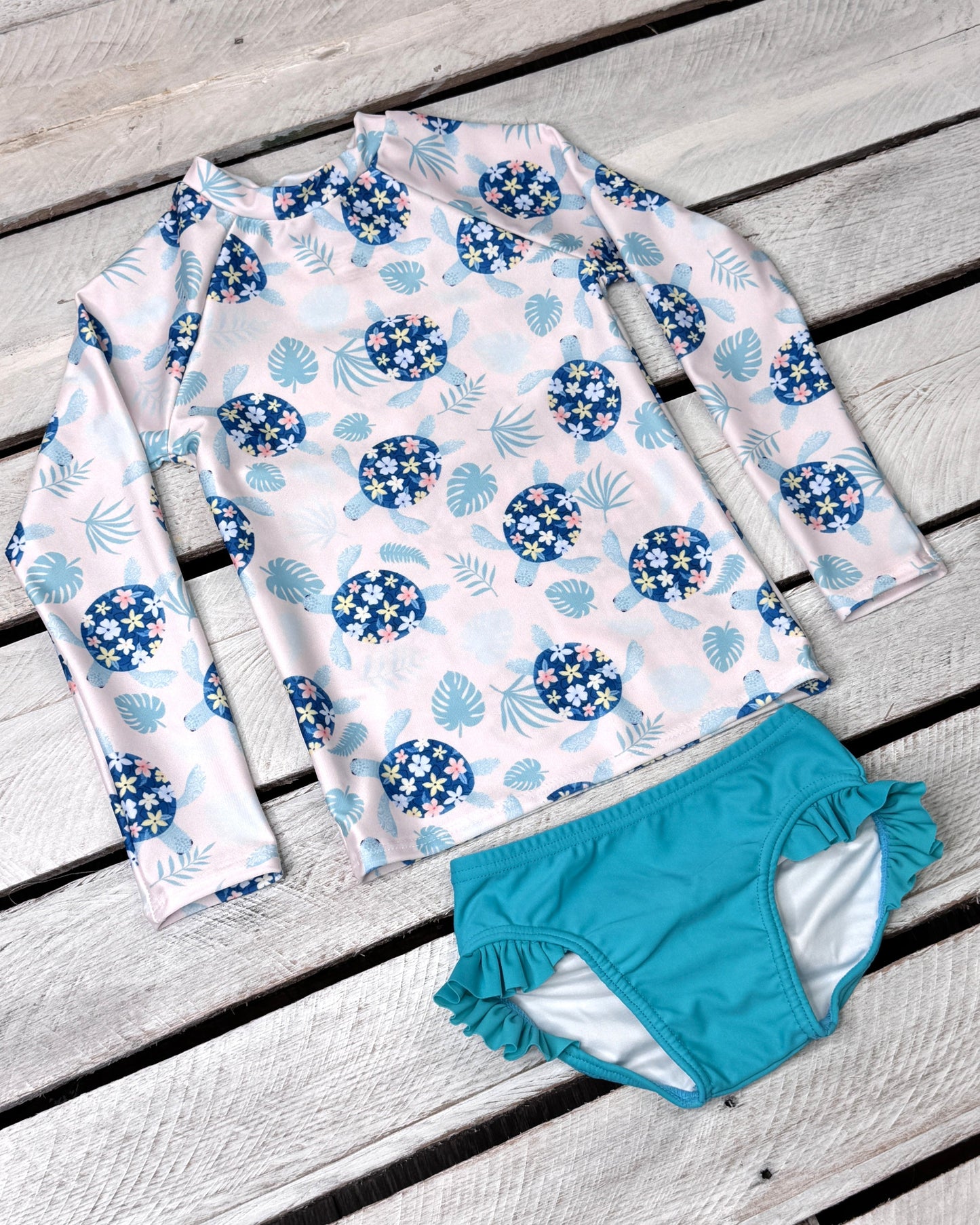 Turtley Cute Girls Long Sleeve Sun Shirt and Ruffled Bottom