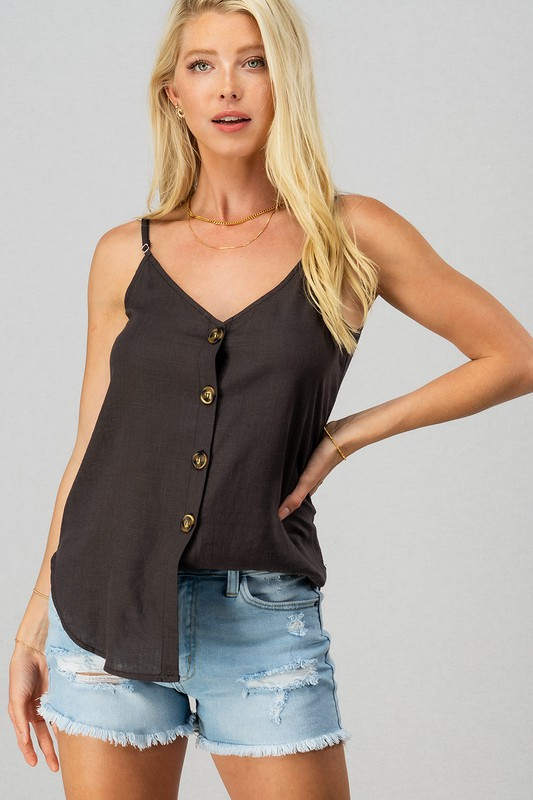 Linen Solid Adjusted Strap Coconut Button Cami (Black)