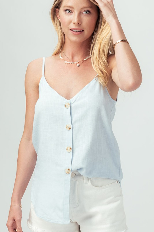 Linen Solid Adjusted Strap Coconut Button Cami (Blue)