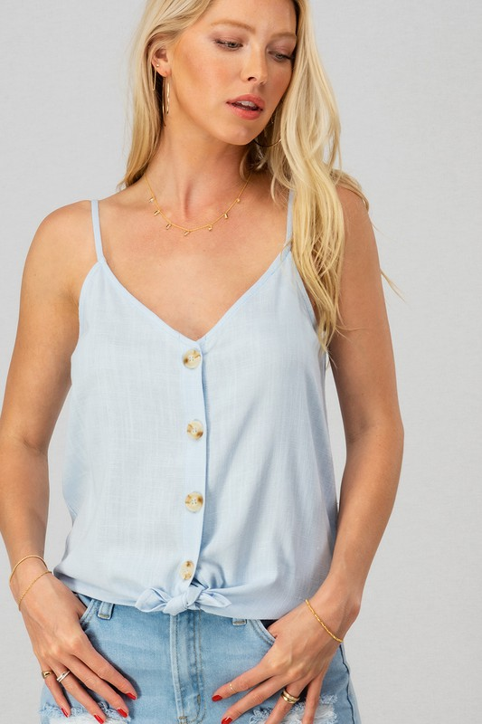 Linen Solid Adjusted Strap Coconut Button Cami (Blue)