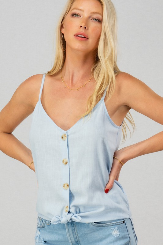 Linen Solid Adjusted Strap Coconut Button Cami (Blue)