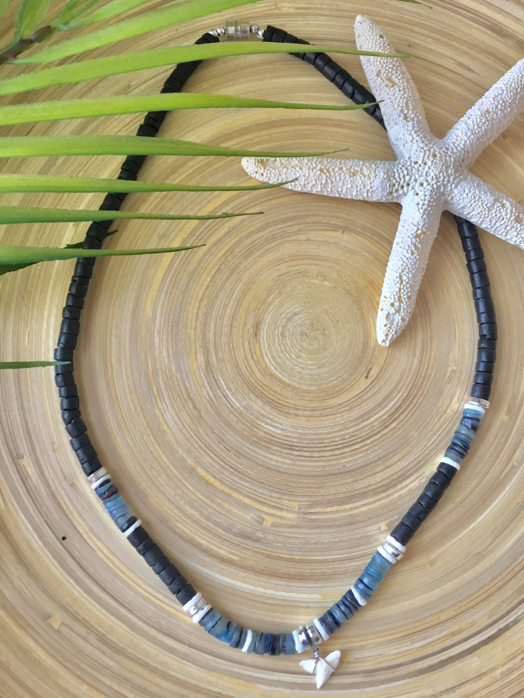 Coco Bead Shell Necklace with Shark Tooth (Blue)
