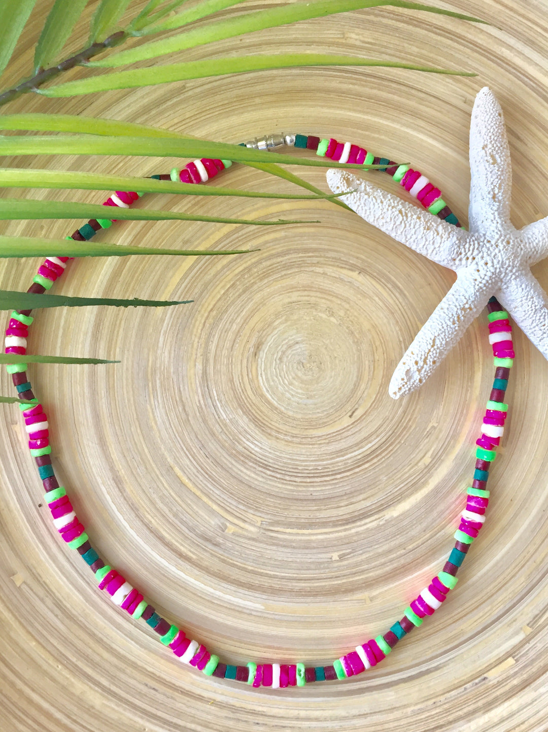 Neon Heishi Bead Necklace 18" (Green/Pink)