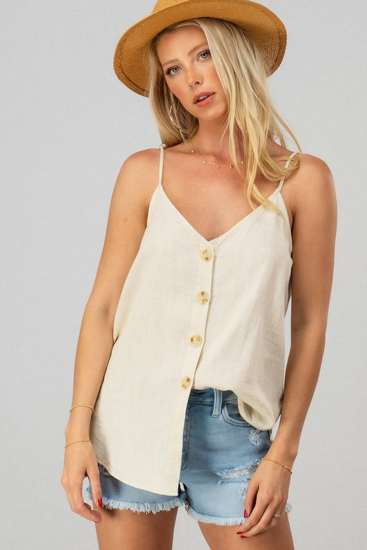 Linen Solid Adjusted Strap Coconut Button Cami (Oatmeal)