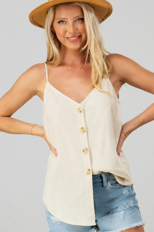 Linen Solid Adjusted Strap Coconut Button Cami (Oatmeal)