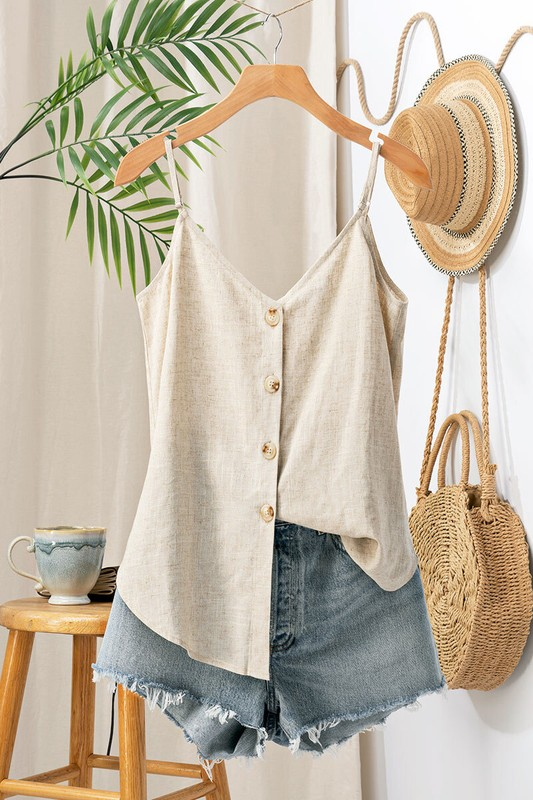 Linen Solid Adjusted Strap Coconut Button Cami (Oatmeal)