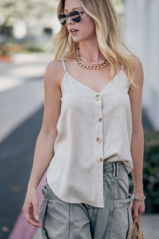 Linen Solid Adjusted Strap Coconut Button Cami (Oatmeal)