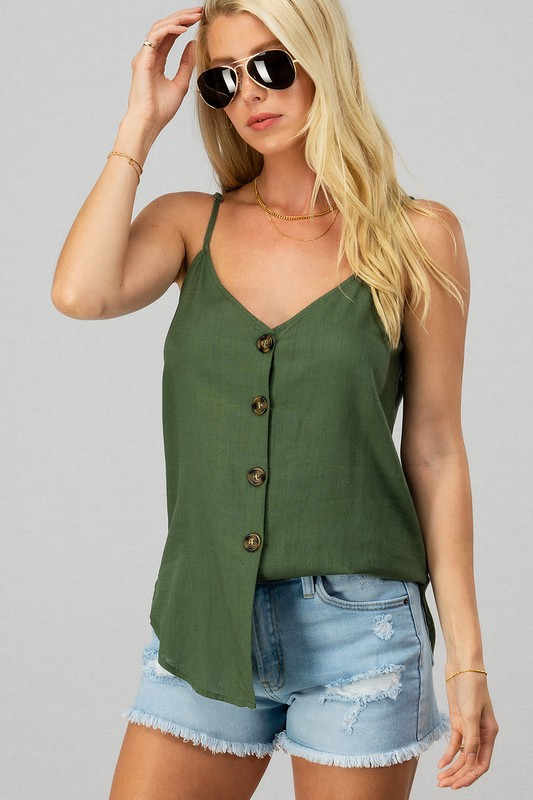 Linen Solid Adjusted Strap Coconut Button Cami (Olive)