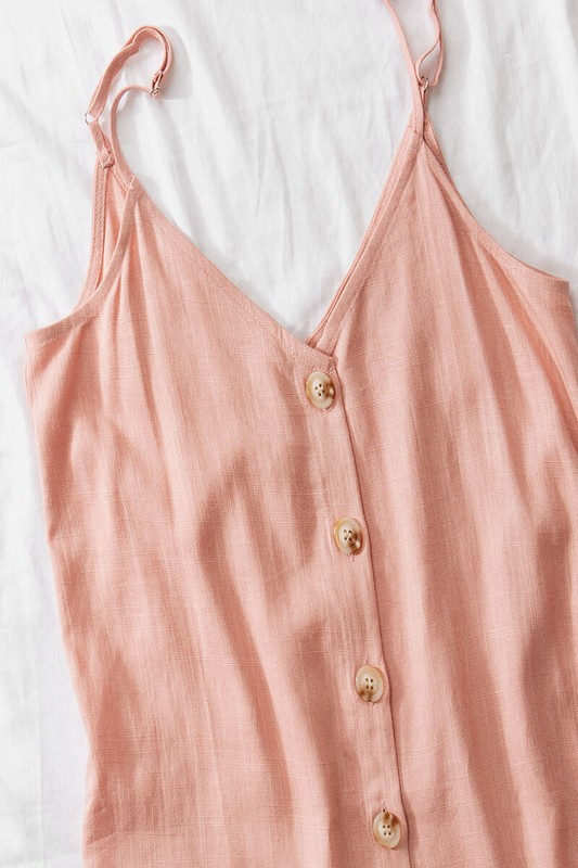 Linen Solid Adjusted Strap Coconut Button Cami (Pink)