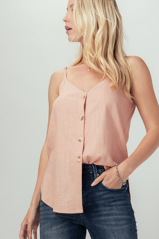 Linen Solid Adjusted Strap Coconut Button Cami (Pink)