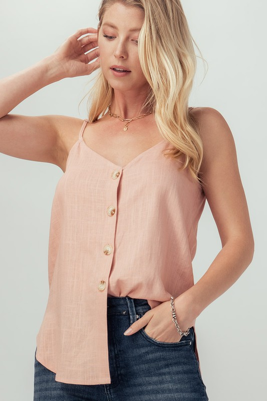 Linen Solid Adjusted Strap Coconut Button Cami (Pink)