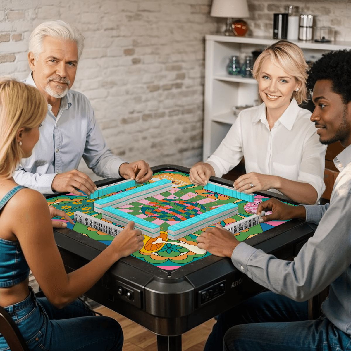 Disco Fever, Nostalgic 70s Green Orange Floral Mahjong Mat