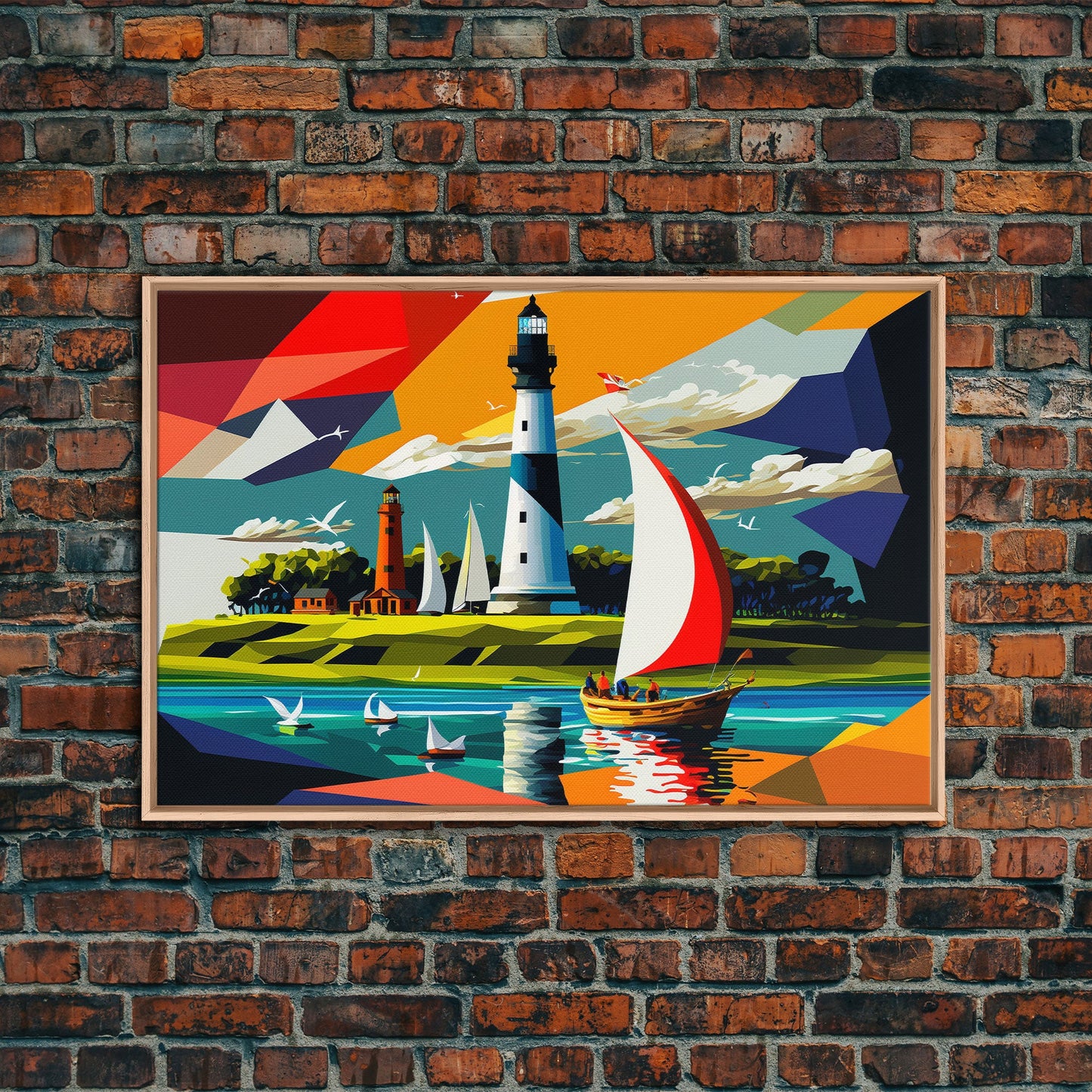 Sailboat and Lighthouse | Pop Art Style Painting Print | Framed Canvas Print | Colorful  Minimalist Art | Nautical Art