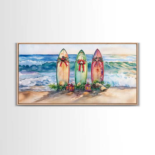 Beach Christmas Decor with Surfboards, Tropical Christmas Art, Framed Canvas Print, Watercolor Wall Art, Coastal Holiday Decor Art Gift Idea