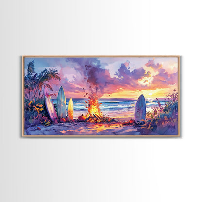 Surfboards And Bonfire At Sunset With Pumpkins, Tropical Beach Christmas Wall Art, Coastal Holiday Framed Canvas Print