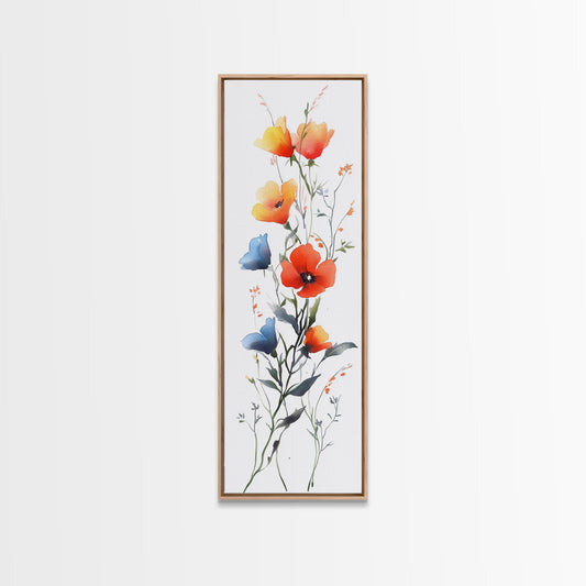 Modern Wildflower Watercolor Art - Framed Canvas Print Featuring Orange and Blue Floral Display in Minimalist Style