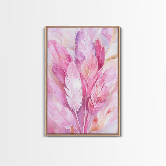 Feather Bouquet Framed Canvas Print, Light Pink Wall Art, Boho Aesthetic Minimalist Art, Bedroom or Office Decor, Romantic Nature Gift Idea