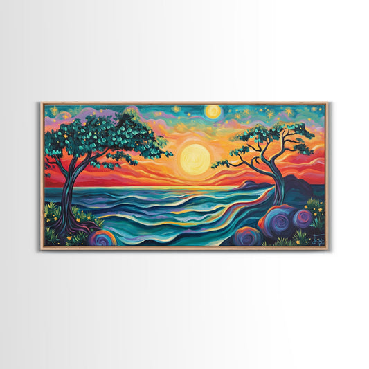 Vibrant Sunset, pink orange wall art, whimsical art, Hawaii art, colorful landscape painting, coastal decor, gift idea, Canvas Print
