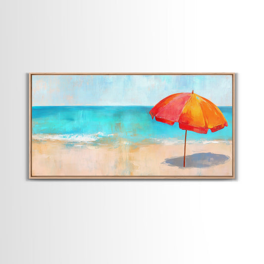 Beach Umbrella, Coastal Decor, Nautical Wall Art, Seascape Painting, Ocean Painting, Extra Wide Art, Framed Canvas Print, Beach House Art