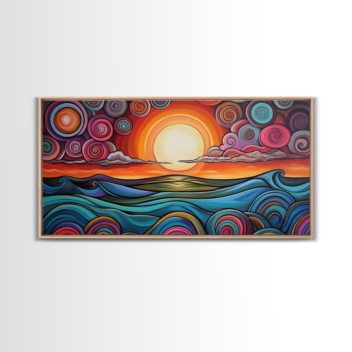 Sunset Waves, Canvas Print, surf wall art, geometric wall art, pink orange wall art, colorful abstract art, extra wide art, boho art