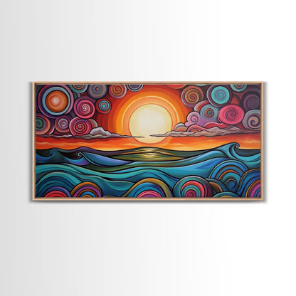 Sunset Waves, Canvas Print, surf wall art, geometric wall art, pink orange wall art, colorful abstract art, extra wide art, boho art