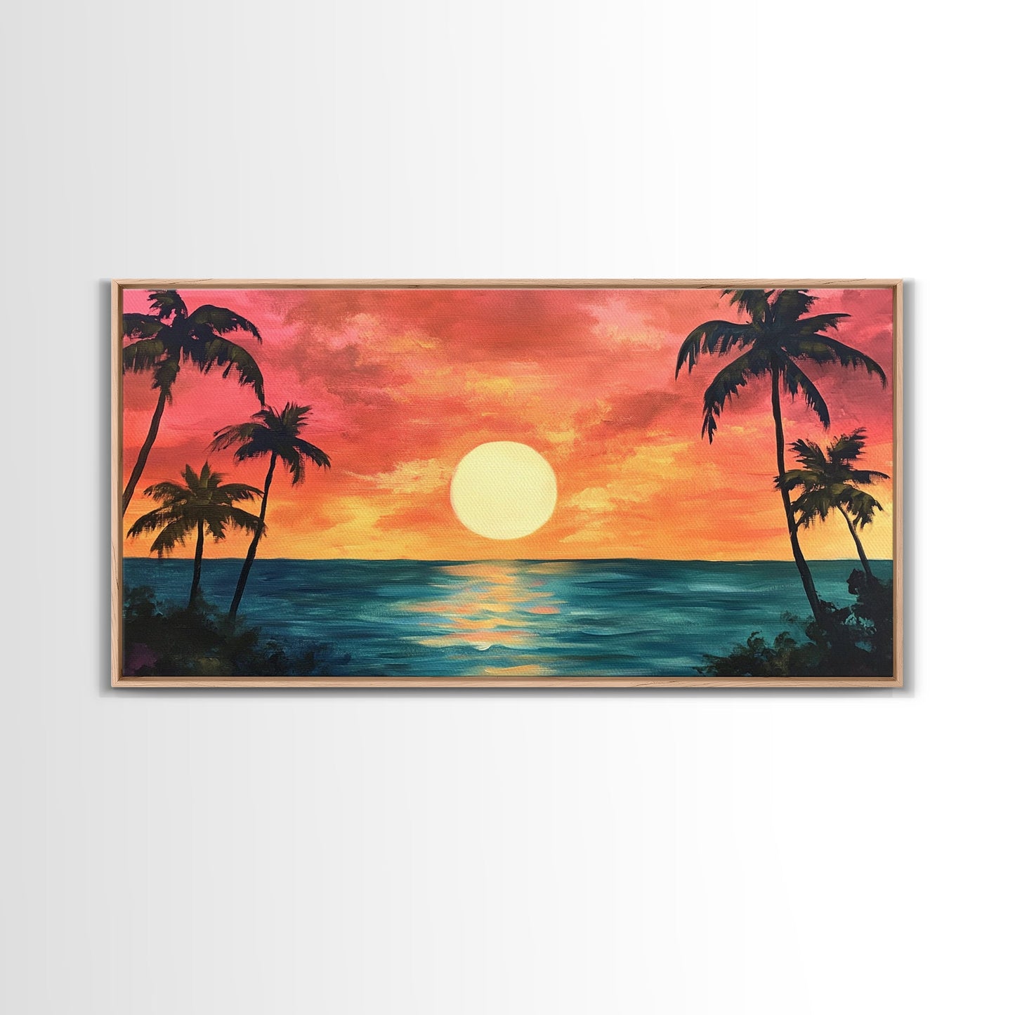 Tropical Sunset, Palm Tree Art, Coastal Cowgirl Wall Art, Hawaii Art, Ocean Landscape, Horizontal Wall Art, Framed Canvas Print