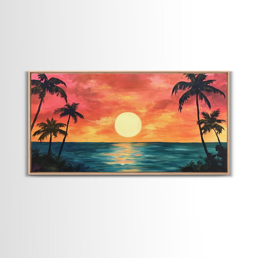 Tropical Sunset, Palm Tree Art, Coastal Cowgirl Wall Art, Hawaii Art, Ocean Landscape, Horizontal Wall Art, Framed Canvas Print