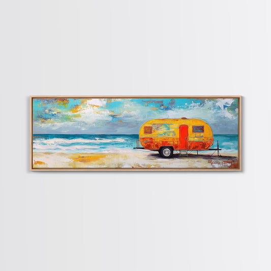 Vintage Camper Beach Canvas Print Retro Coastal Trailer Painting, Boho Wall Art, Travel Theme Decor, Colorful Summer Artwork