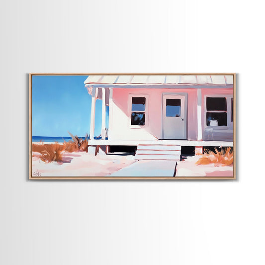 Beach House, Coastal Cottage, Seaside Retreat, Nautical Architecture, Pastel Aesthetic, Minimalist Home Decor, Bedroom Wall Art